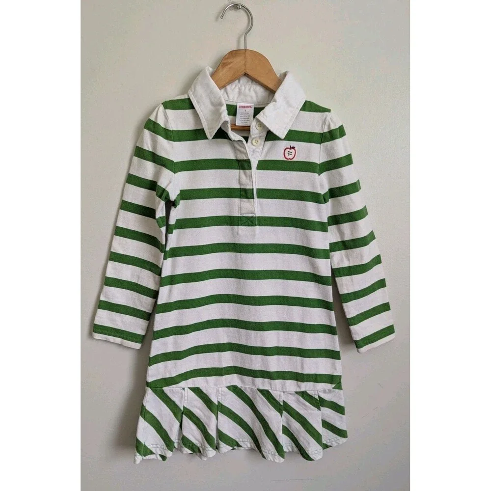Y2K Gymboree Girls 6 Green Stripe Dress Scooter Rugby Prep School Apple Applique